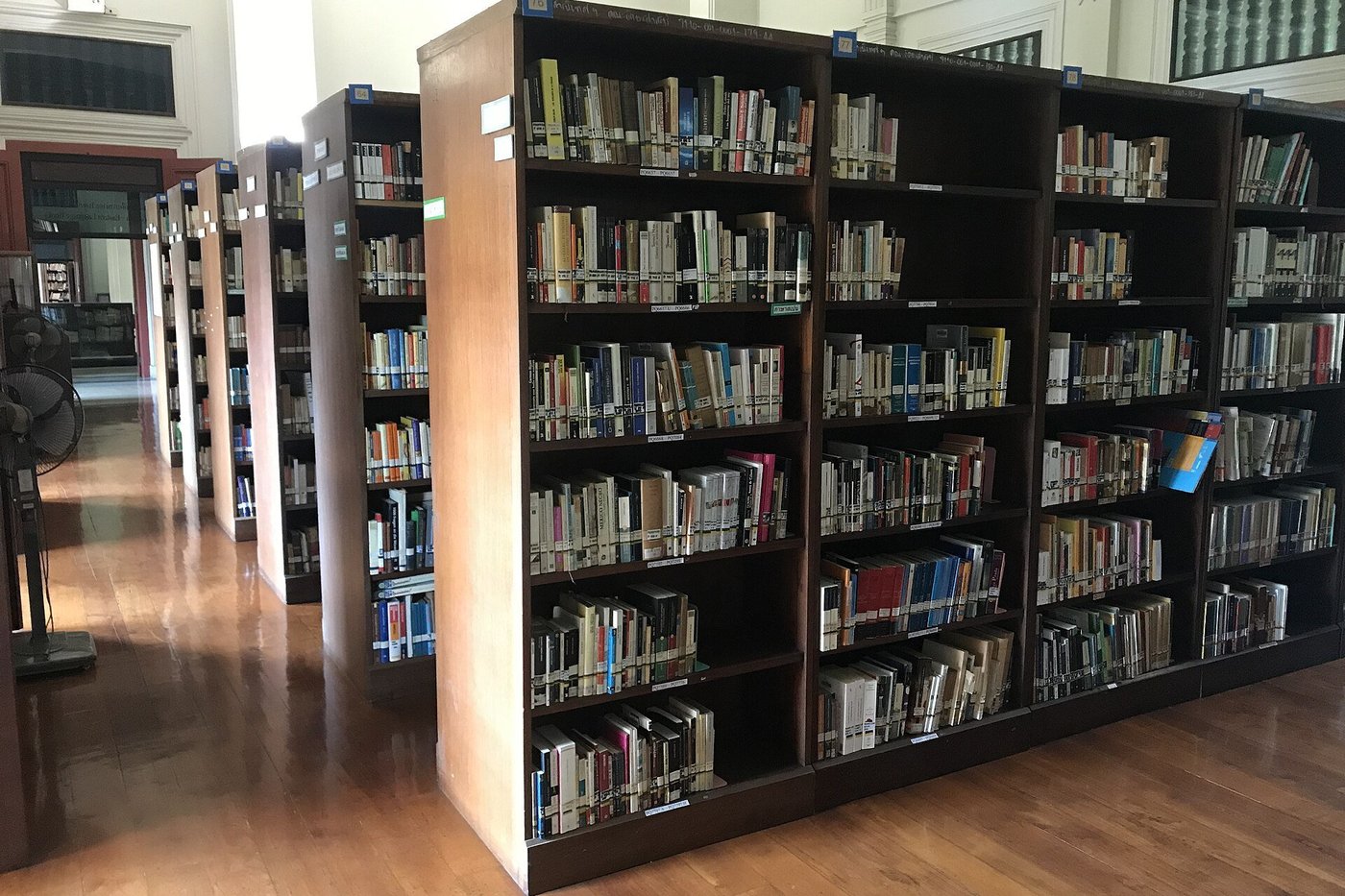 Hoge boekenkasten in een bibliotheek, gevuld met boeken op lange rijen planken.
