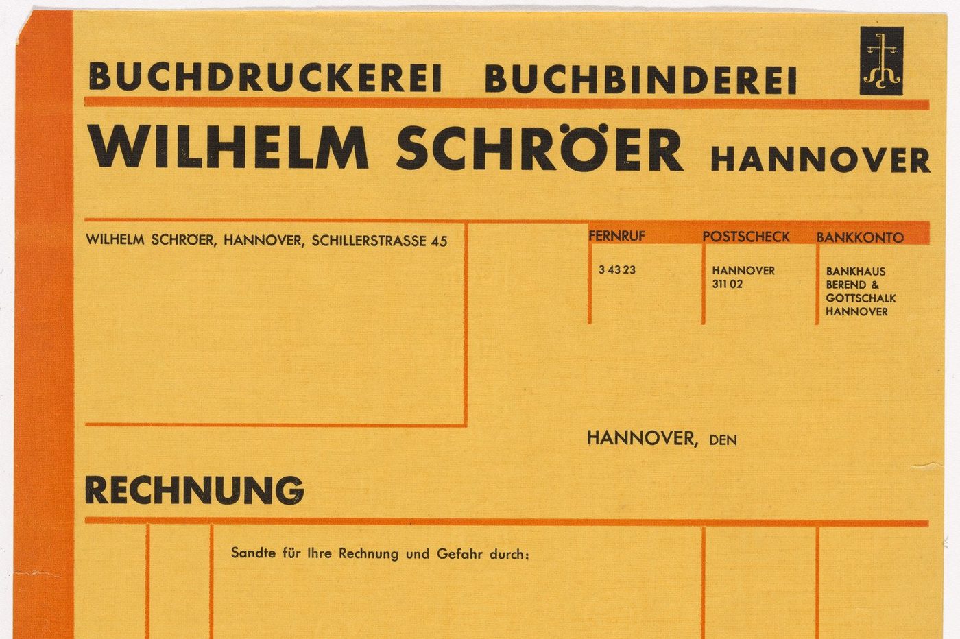 Een factuurformulier uit 1929, ontworpen door Kurt Schwitters.